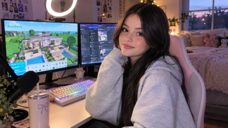 Alaska Violet's Roblox streaming setup showing a Bloxburg build in progress