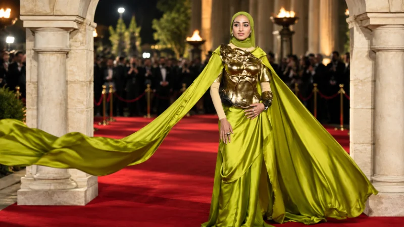 Zainab Jiwa in a modest, film-themed outfit at a London premiere