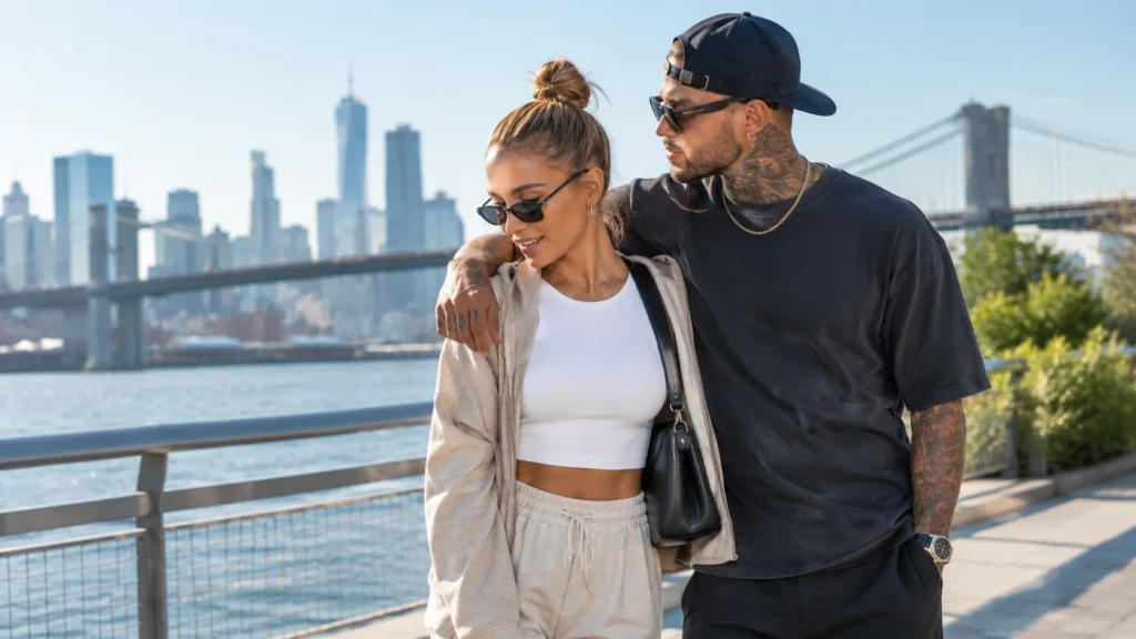 Stylish young couple posing together by a waterfront with a city skyline
